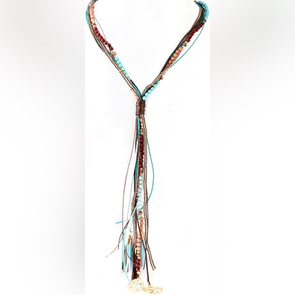 Multistrand Boho Beaded Necklace in Turquoise, Brown & Pink - Fashion Jewelry